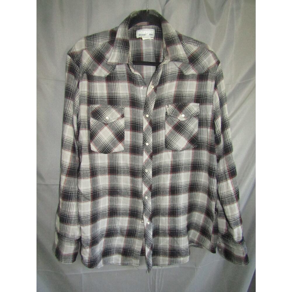 Wrangler Wrancher Plaid Pearl Snap Shirt Men's L Black Gray White Western Cowboy